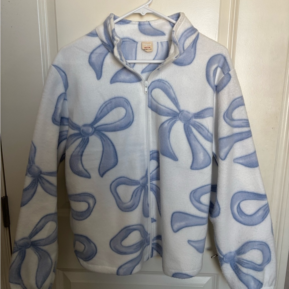 Blue and White Bow Patterned Fleece Jacket